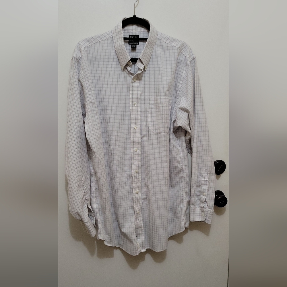 Jos. A. Bank Mens White Plaid Casual Button Down Shirt Travelers Cllctn Sz 17-36